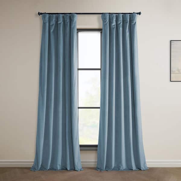 Exclusive Fabrics & Furnishings Denmark Blue Velvet Rod Pocket Room Darkening Curtain - 50 in. W x 84 in. L Single Panel Window Velvet Curtain