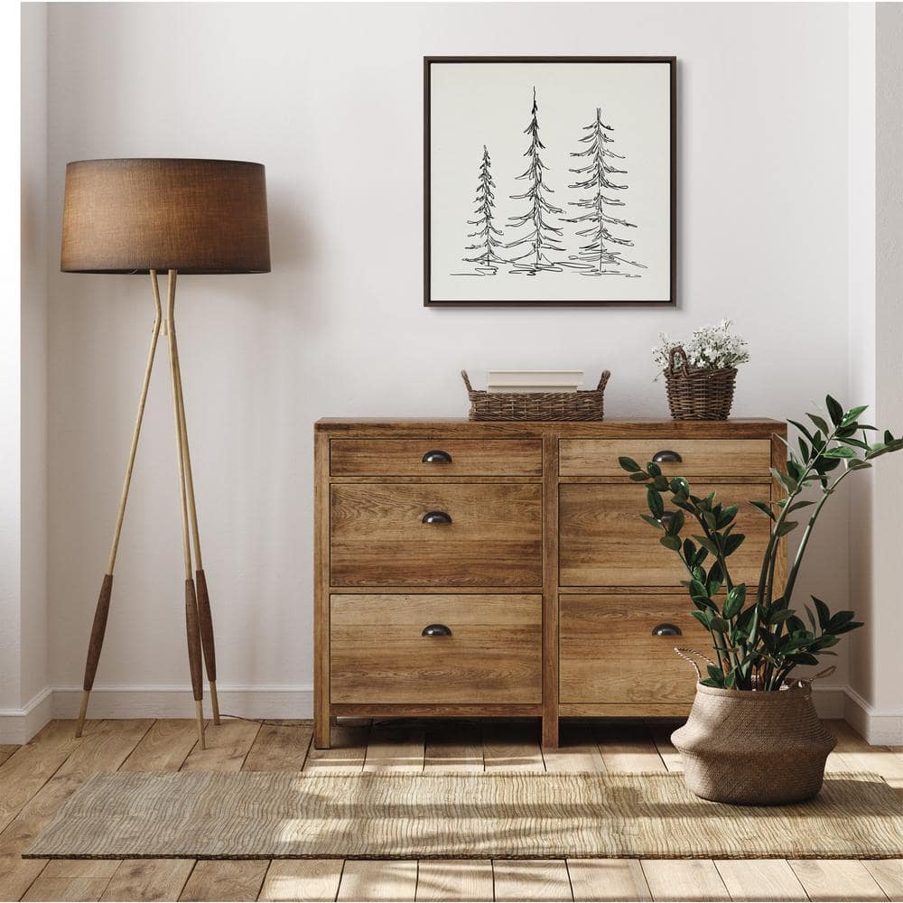 Minimalist Evergreen Trees Sketch Canvas Wall Art, 30x30, Brown Frame
