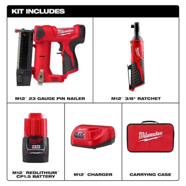 M12 12-Volt 23-Gauge Lithium-Ion Cordless Pin Nailer Kit with 1.5 Ah Battery, Charger, Tool Bag, and Ratchet