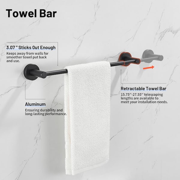 Modern 3-Piece Aluminum Bath Hardware Set with Retractable Towel Bar Towel Ring Toilet Paper Holder in Black