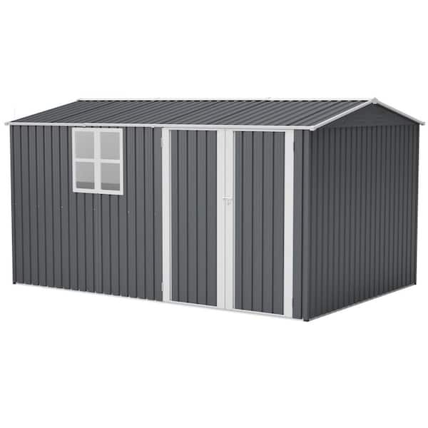 12x8 ft Metal Storage Shed with Foundation, Hinged Doors, Air Vents, Window for Backyard, Gray, Coverage Area-94 sq. ft.