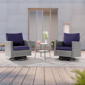 3-Piece Gray Wicker Patio Bistro Set Swivel Rocking Chairs with Side Table, Navy Blue