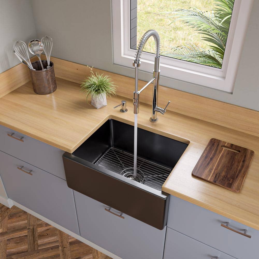 24'' Gloss Black Fireclay Farmhouse Drop-In Sink