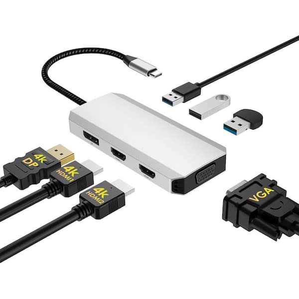 OBJLGEV USB C Docking Station Dual HDMI Display Port VGA Adapter Silver