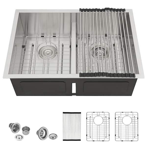 28 in. Undermount 50/50 Double Bowl 16 Gauge Stainless Steel Low Divided Kitchen Sink with 2Pcs Bottom Grids/Drains
