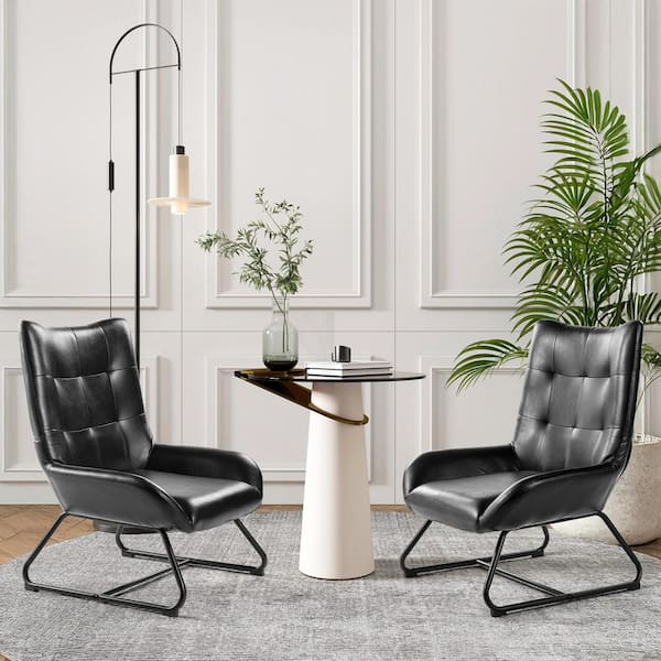 Glitzhome Mid-Century Modern Black Leatherette Wingback Accent Chair (Set of 2) With Metal Legs