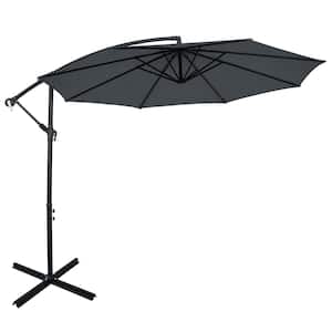 10 ft. Offset 8 Ribs Metal Cantilever Patio Umbrella with Crank for Poolside Yard Lawn Garden in Grey