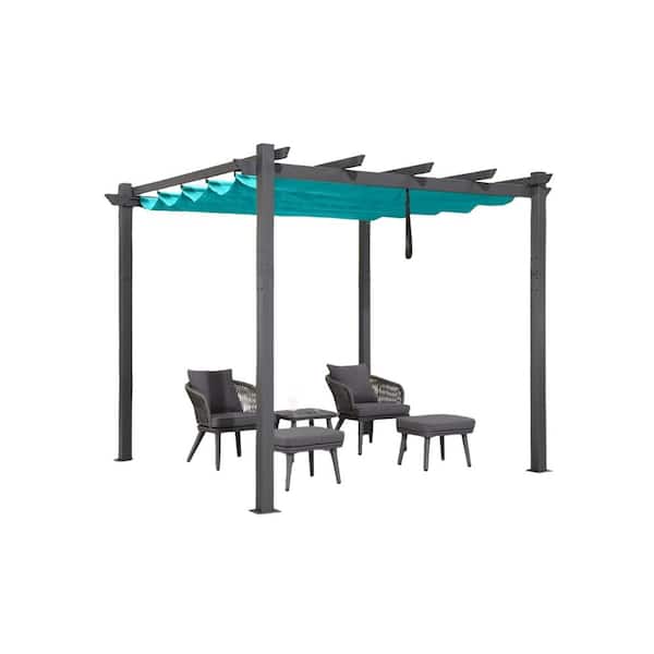 PURPLE LEAF 10 ft. x 10 ft. Gray Outdoor Retractable Modern Yard Metal Grape Trellis Pergola with Canopy - Turquoise Blue