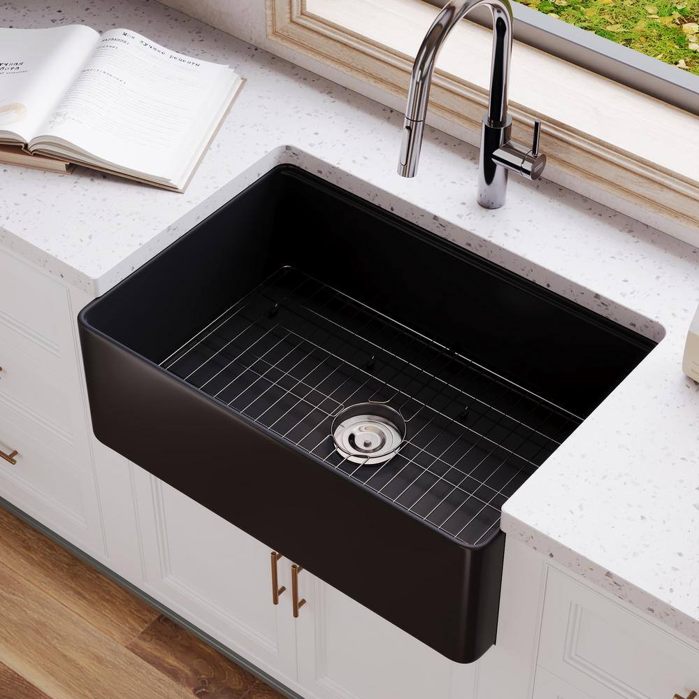 Matte Black Fireclay Single Bowl Farmhouse Kitchen Sink with Accessories
