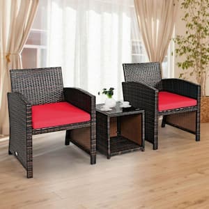 3-Piece Wicker PE Rattan Patio Conversation Set with Red Cushion Sofa Coffee Table for Garden