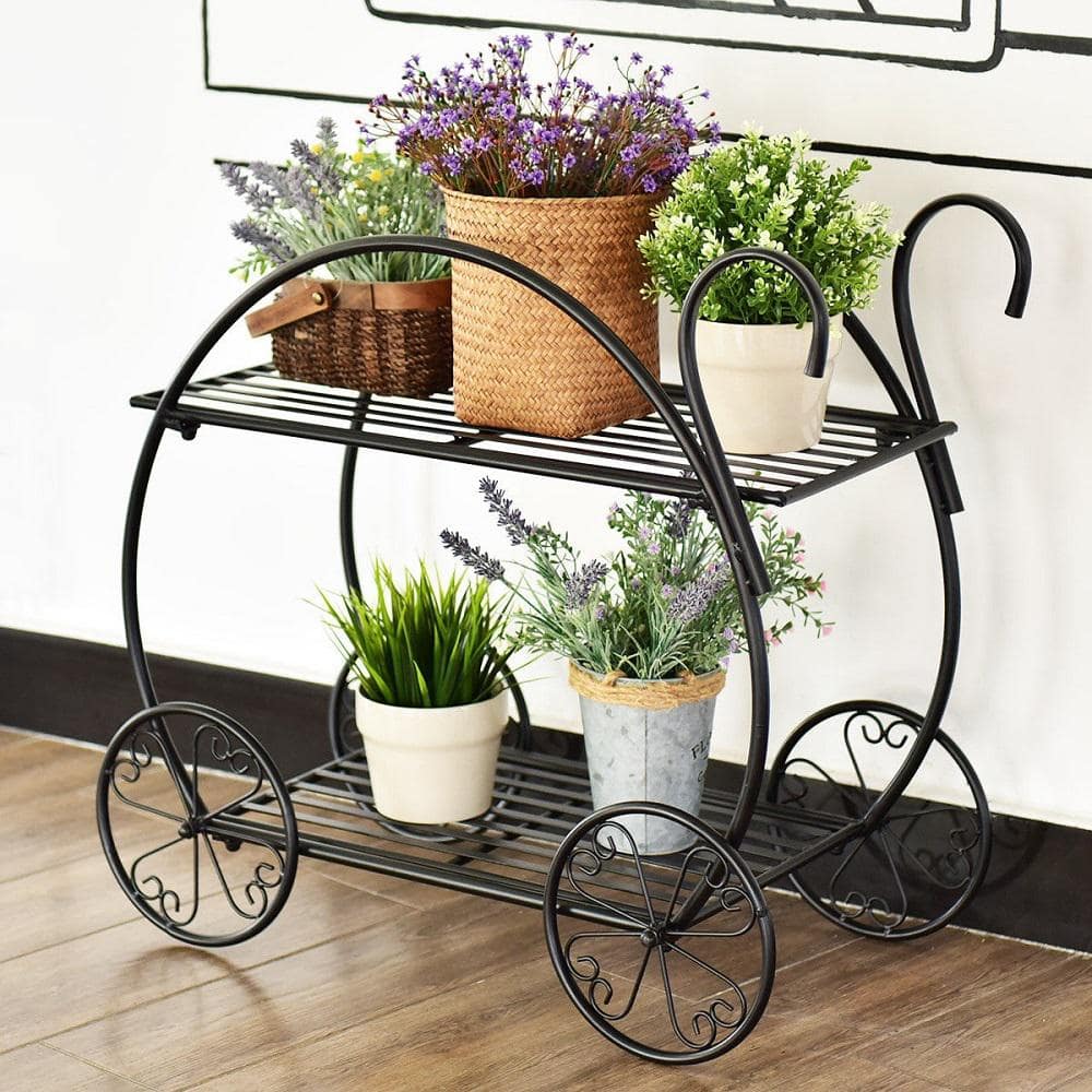 Black Steel Two-Tiered Indoor/Outdoor Plant Stand with Decorative Wheels