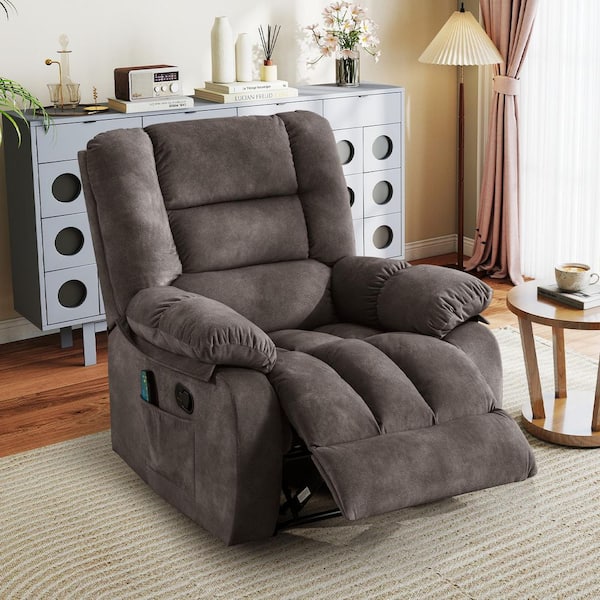 39.7 in. W Brown Overstuffed Fabric Recliner Chairs with 8-Point Vibration Massage Manual Pull Recliner w/ Time Setting
