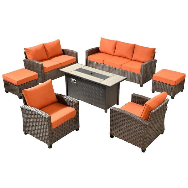 Palermo Brown 7-Piece Wicker Outdoor Modular Patio Furniture Sofa Set with Metal Fire Pit and Orange Red Cushions