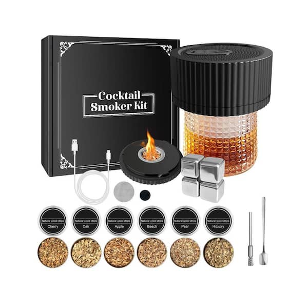Black Plastic Whiskey Smoker Kit with 6 Wood Chip Flavors for Men, Dad, Husband, Home Bar Accessories