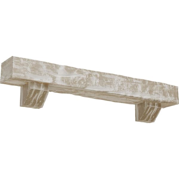 Ekena Millwork 8 in. x 12 in. x 4 ft. Riverwood Faux Wood Fireplace Mantel Kit, Ashford Corbels, White Washed