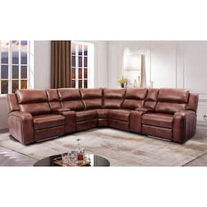 Cavah 124 in. Square Arm 1-Piece Faux Leather L-Shaped Sectional Sofa in Brown with Reclining