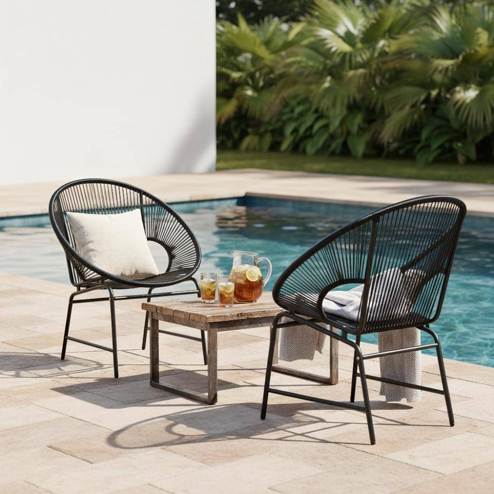 JPJPUU Black Metal Wicker Outdoor Lounge Chair in Black Set of 2