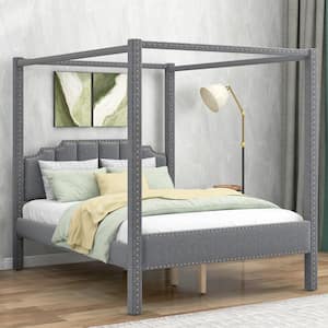 Queen Size Upholstery Canopy Platform Bed with Headboard and Support Legs,Gray