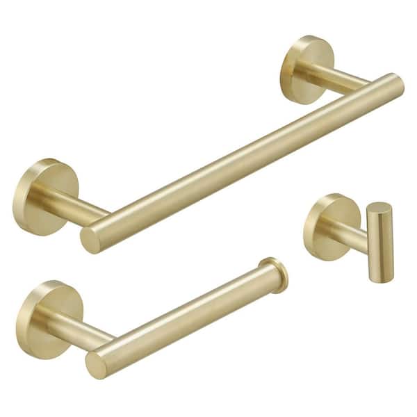 BWE 3-Piece Bath Hardware Set with Towel Hook and Toilet Paper Holder and Towel Bar Wall Mount Accessory Set in Brushed Gold