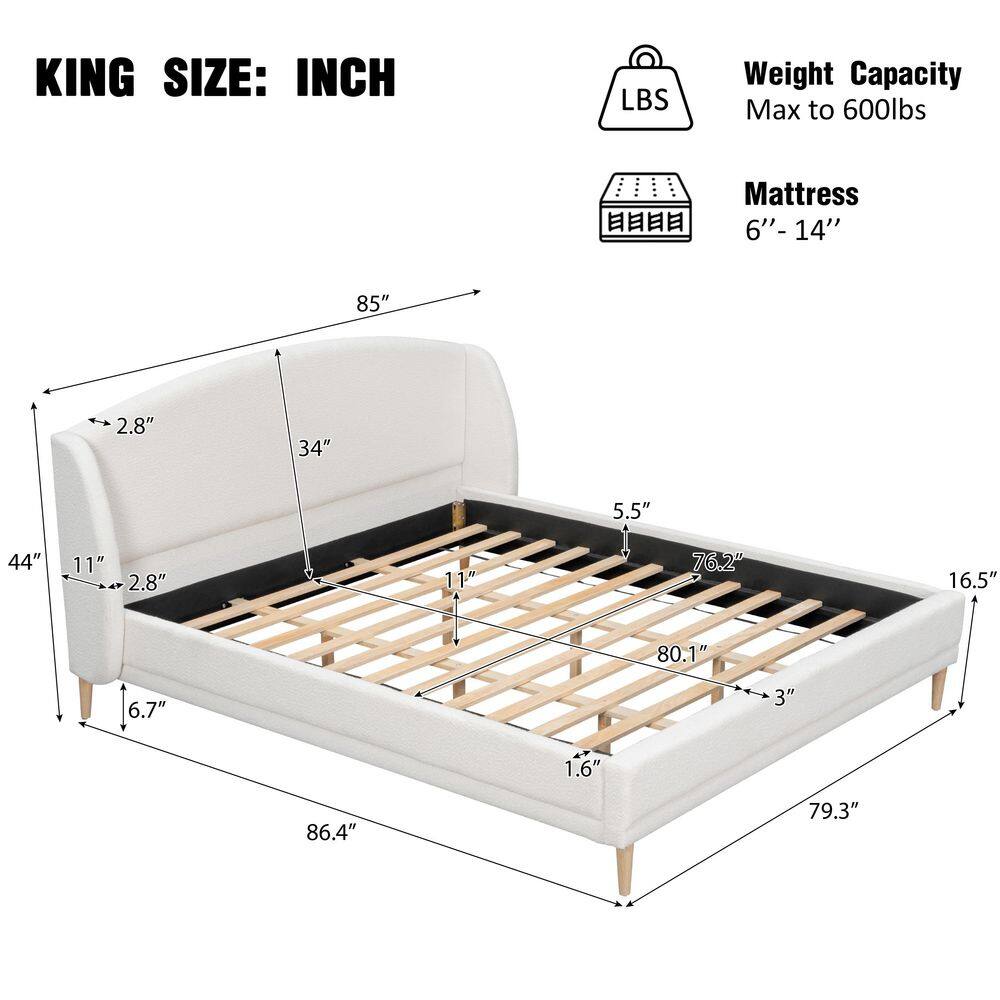 White Wood Frame King Size Boucle Fabric Upholstered Platform Bed with Wingback Headboard, Rounded Corners - thumbnail 8