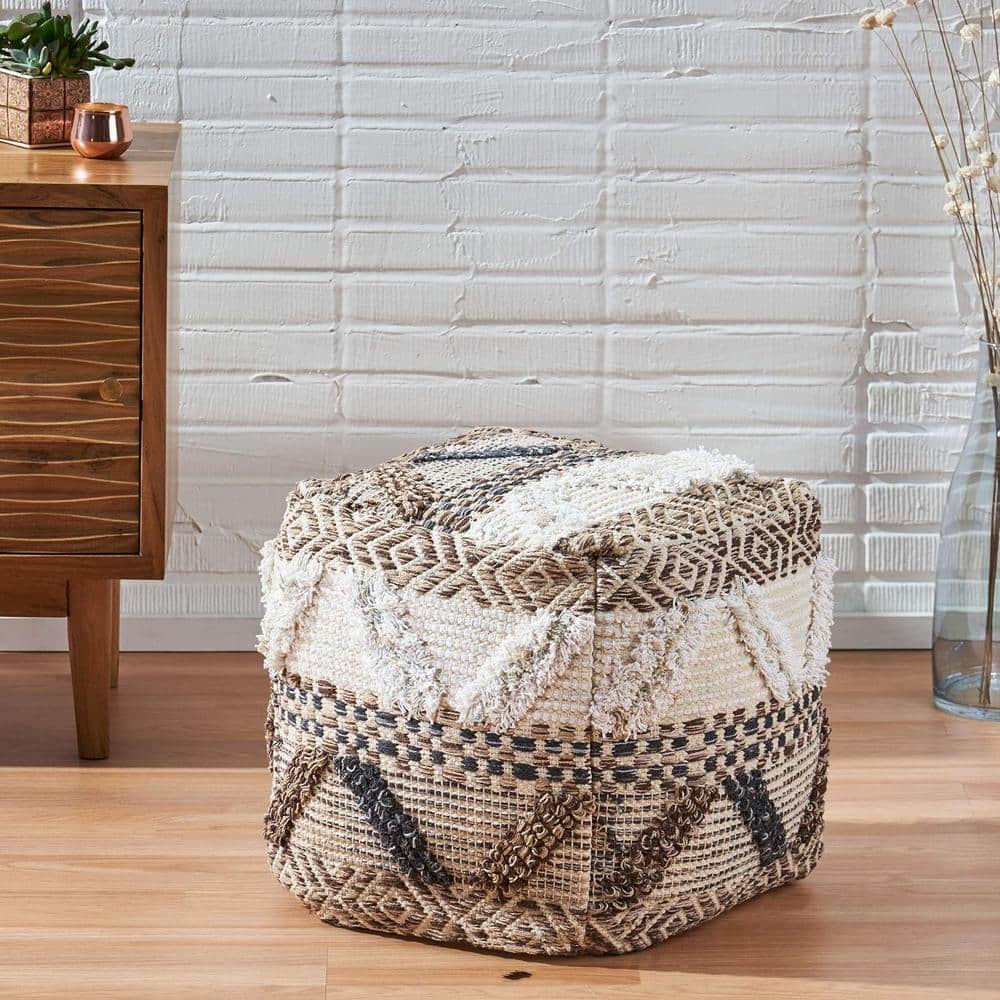 Multi Cotton Square Pouf Charcoal, Brown, and Beige Woven Pouf, Spot Clean