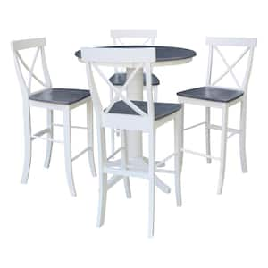 Set of 5-pcs - White/Heather Gray 36 in. Solid Wood Pedestal Table and 4 Barstools