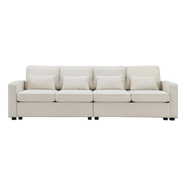 Polibi 104.00 in. Polyester Rectangle Sectional Sofa in. Beige with Armrest Pockets and 4 Pillows