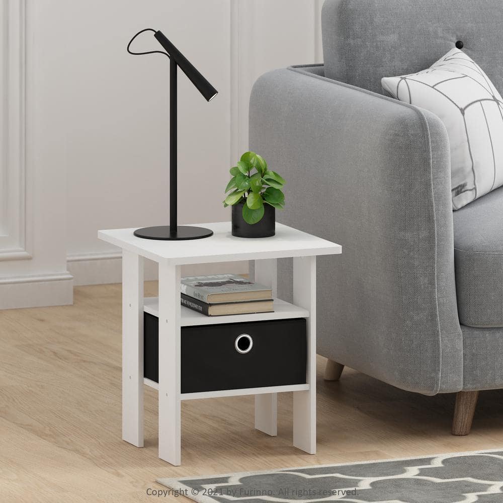 Compact White & Black End Table with Storage Bin and Shelf, Set of 2