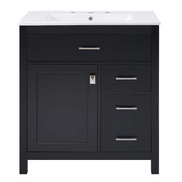 Ziyudura 30 in. Single Sink Freestanding Black Bath Vanity with White Ceramic Top, Adjustable Shelves