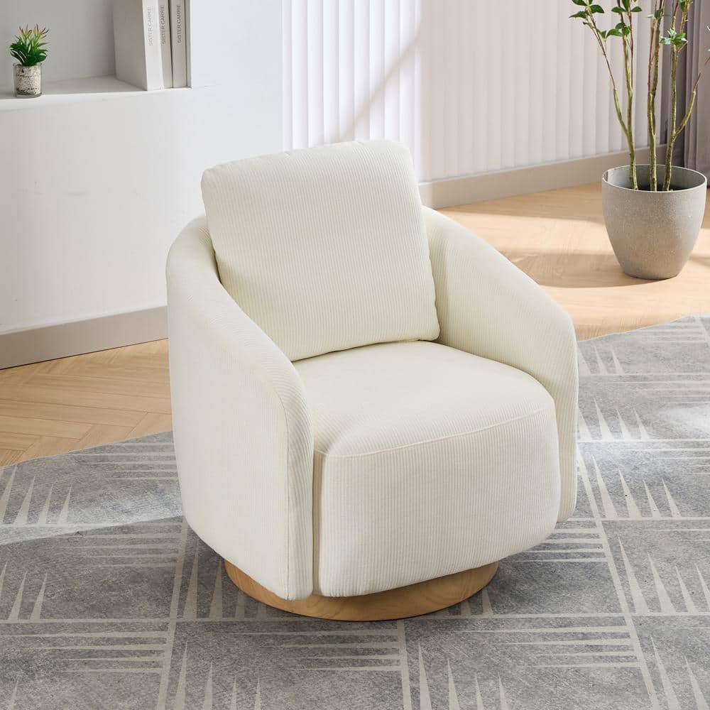 Cream Chenille Swivel Barrel Chair with Rubber Wood Base