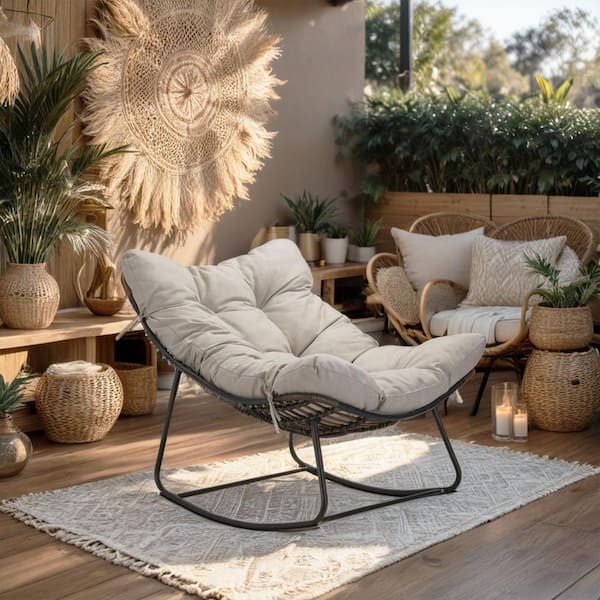 Cesicia Gray Metal Outdoor Rocking Chair with Beige Cushion