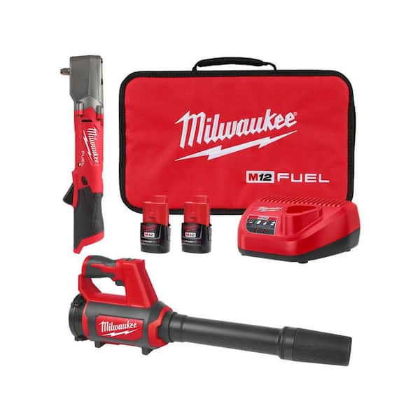 Milwaukee M12 FUEL 12V Lithium-Ion Brushless Cordless 3/8 in. Right Angle Impact Wrench Kit w Two 2.0 Ah Batteries & Spot Blower