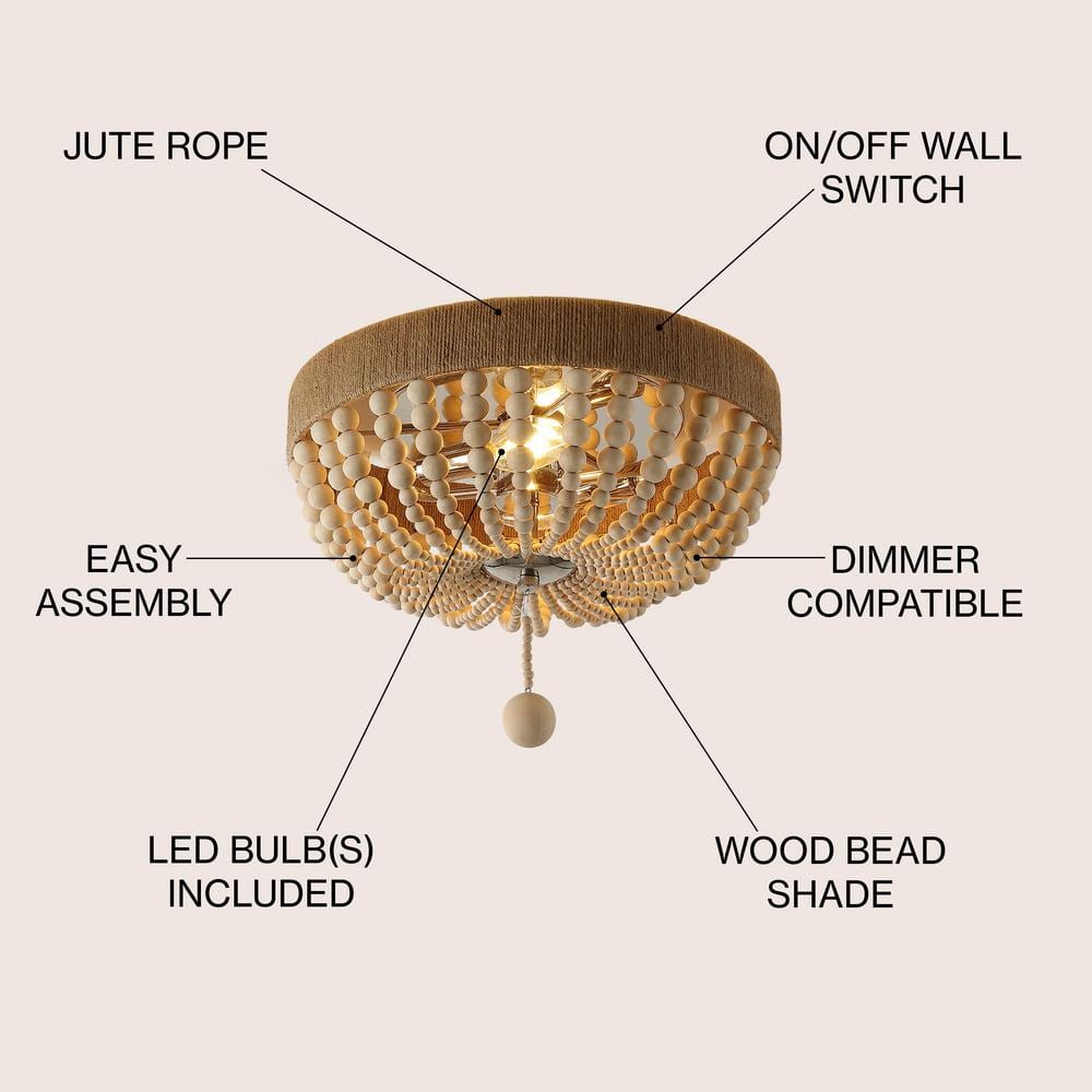 Rustic Farmhouse 14" Chrome Drum LED Flush Mount with Wood Bead Shade