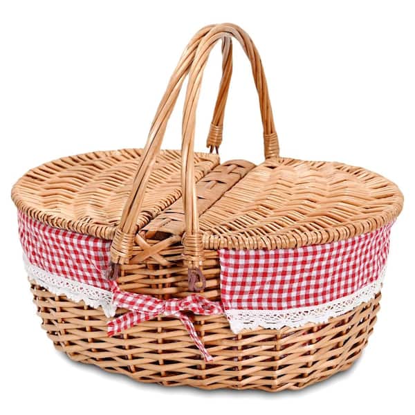 Wicker Picnic Basket with Removable Liner, Foldable Handles and Lid for 2, Checkered Pattern, 15.4 x 11.4 x 7.1