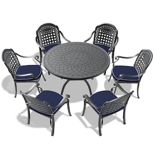 7-Piece Black Metal Outdoor Dining Set with Blue Cushions