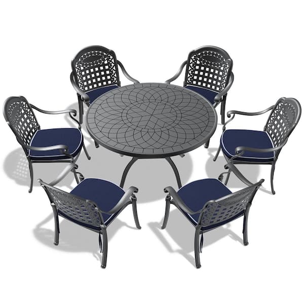 Tenleaf 7-Piece Black Metal Outdoor Dining Set with Blue Cushions