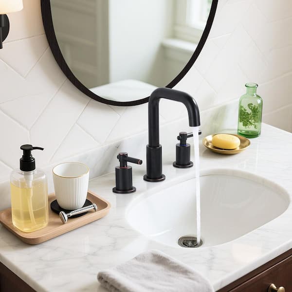 Deck Mount 8 in. Widespread Double Handle High Arc Bathroom Sink Faucet with Pop Up Drain in Oil Rubbed Bronze (1-Pack)