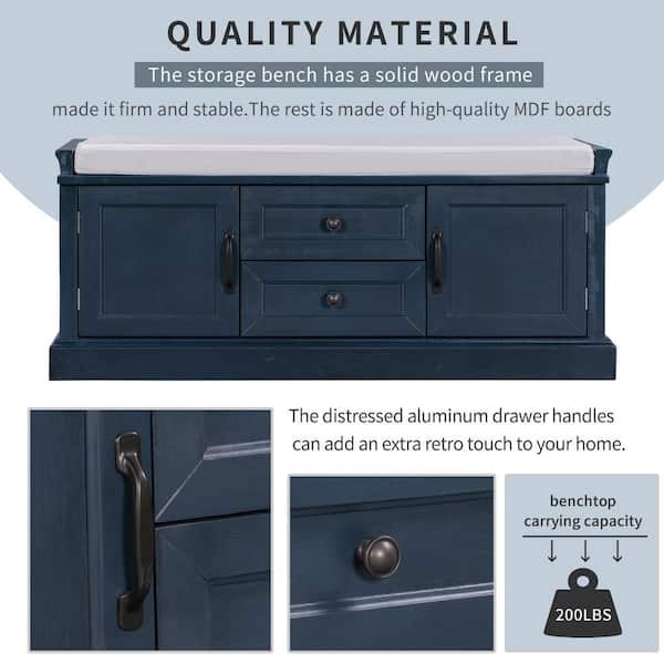ANBAZAR Navy Blue Wood Entryway Storage Cushioned Shoe Bench