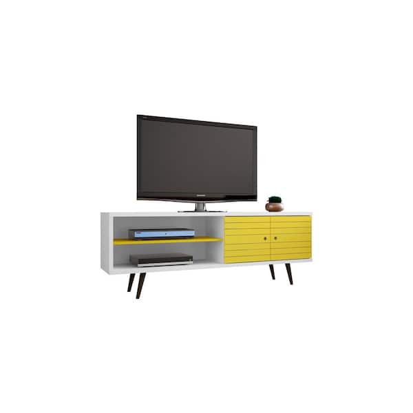 Manhattan Comfort Liberty 62.99 in. White and Yellow TV Stand Fits TVs Up to 60 in. with Storage Doors, Shelves and Cable Management