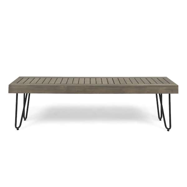 ITOPFOX Modern Industrial Design Metal and Wood Outdoor Ottoman with Powder-Coated Hairpin Legs and Rich Acacia Wood Top in Gray