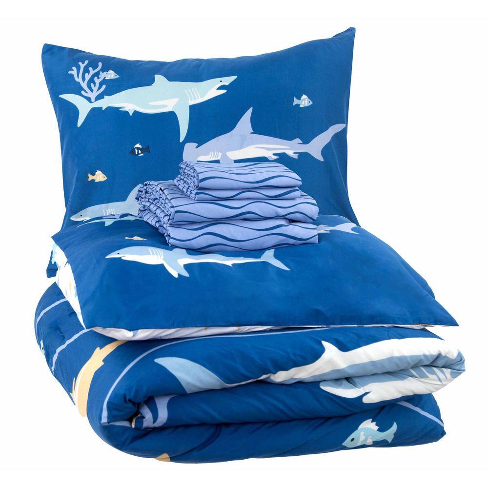 Blue Twin Microfiber Reversible Kids Bed in a Bag Set