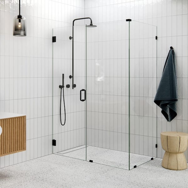 52 in. W x 34 in. D x 78 in. H Pivot Frameless Corner Shower Enclosure in Matte Black Finish with Clear Glass