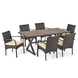 Ashworth Brown 7-Piece Faux Rattan Outdoor Dining Set with Creme Cushions