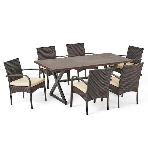 Noble House Ashworth Brown 7-Piece Faux Rattan Outdoor Dining Set with Creme Cushions