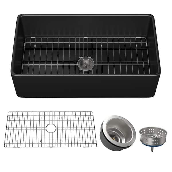 JimsMaison 33 in Farmhouse/Apron-Front Single Bowl Fireclay Kitchen Sink with Bottom Grid
