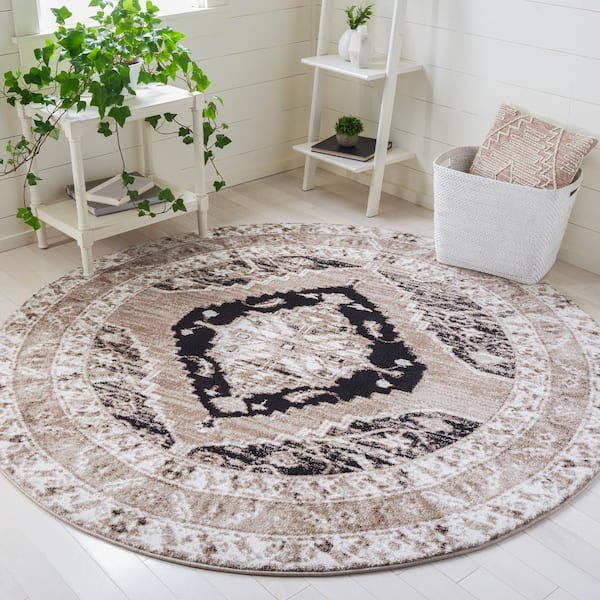 Vintage Hamadan Brown/Ivory 7 ft. x 7 ft. Distressed Floral Round Area Rug