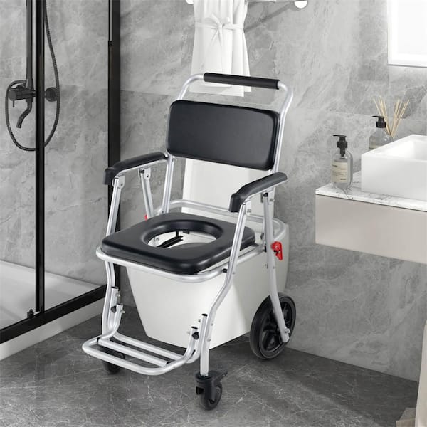 30 in. x 21.5 in. 4-in-1 Bedside Commode Chair Toilet Seat with Brakes, Bucket Footrest Padded Seat & Backrest