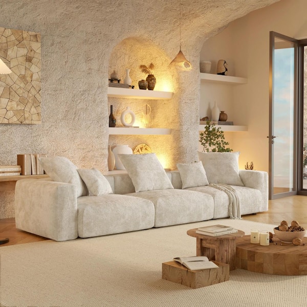 Magic Home Modern 142 in. Square Arm Corduroy Modular Oversized Floor 3-Seats Sofa Couch for Living Room in Beige