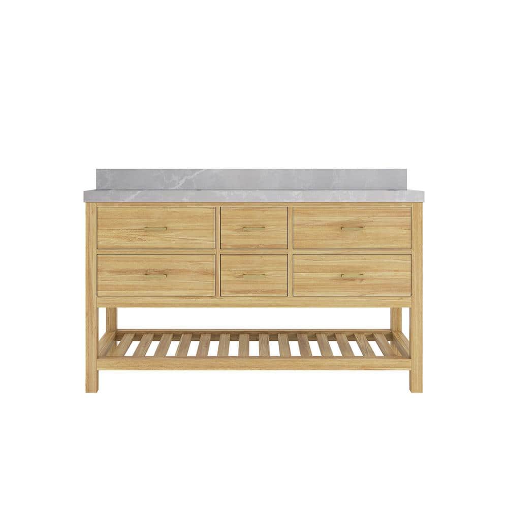 Parker Teak 60 in. Double Sink Freestanding Light Natural Bath Vanity with Pearl Gray Quartz Top Unassembled price history on PriceWatchPro