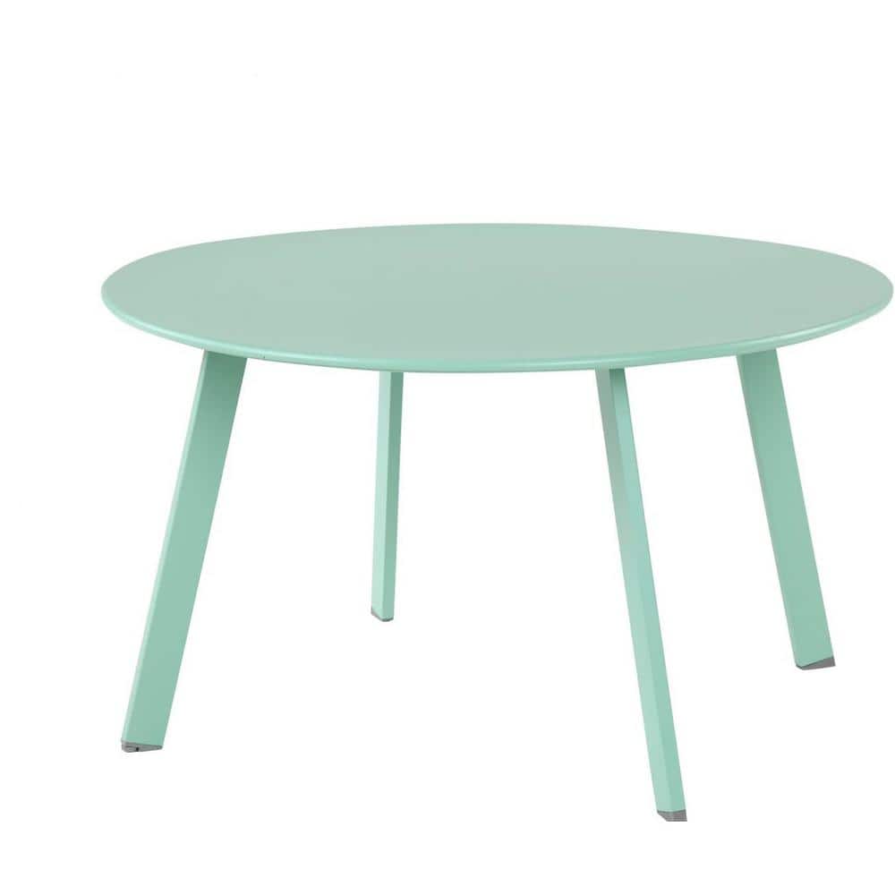 Mint Green Round Metal Large Outdoor Coffee Table, Weather Resistant Side T